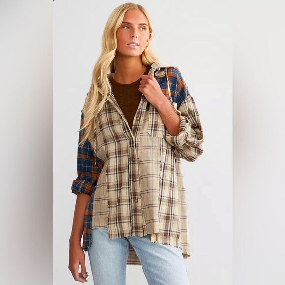 Miss Me Tops - Miss Me Flanne Mixed Plaid Hooded Shirt shacket